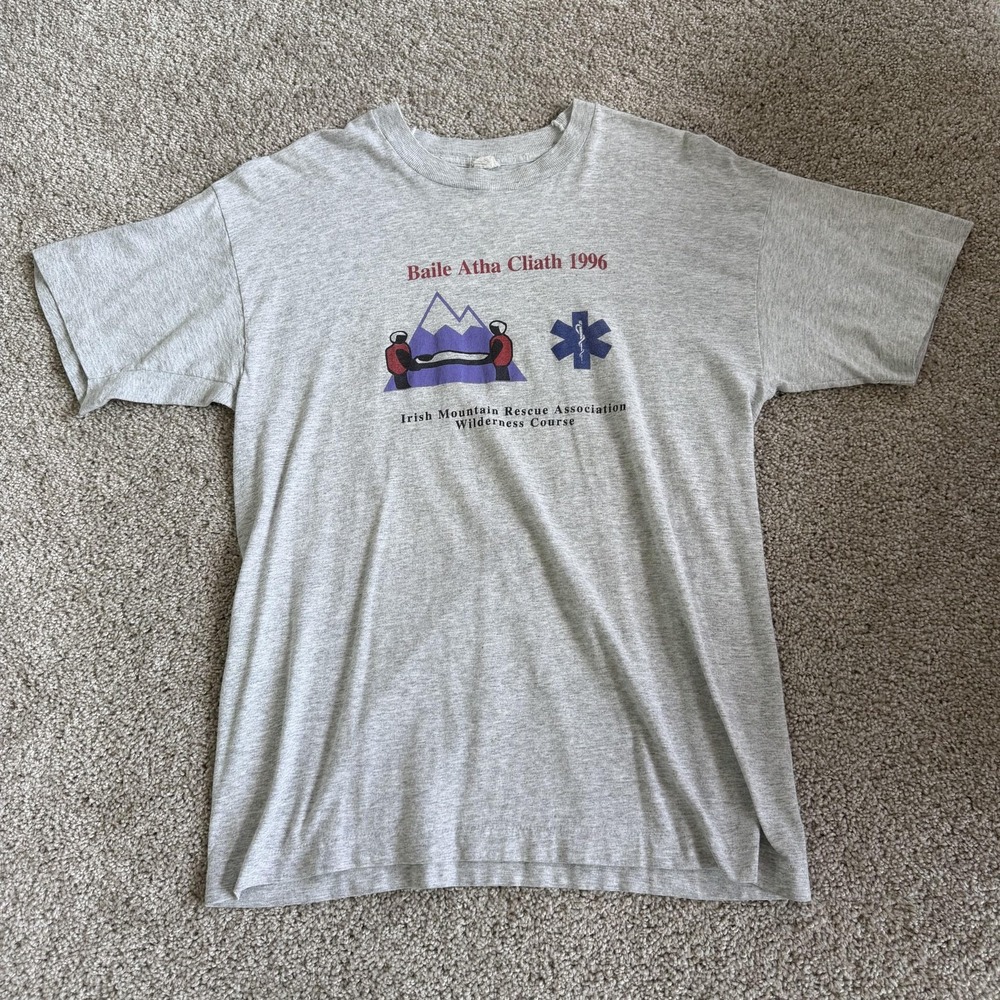 Vintage Irish Mountain Rescue Shirt Mens Med Gray 1996 Tee T-Shirt Screen Stars